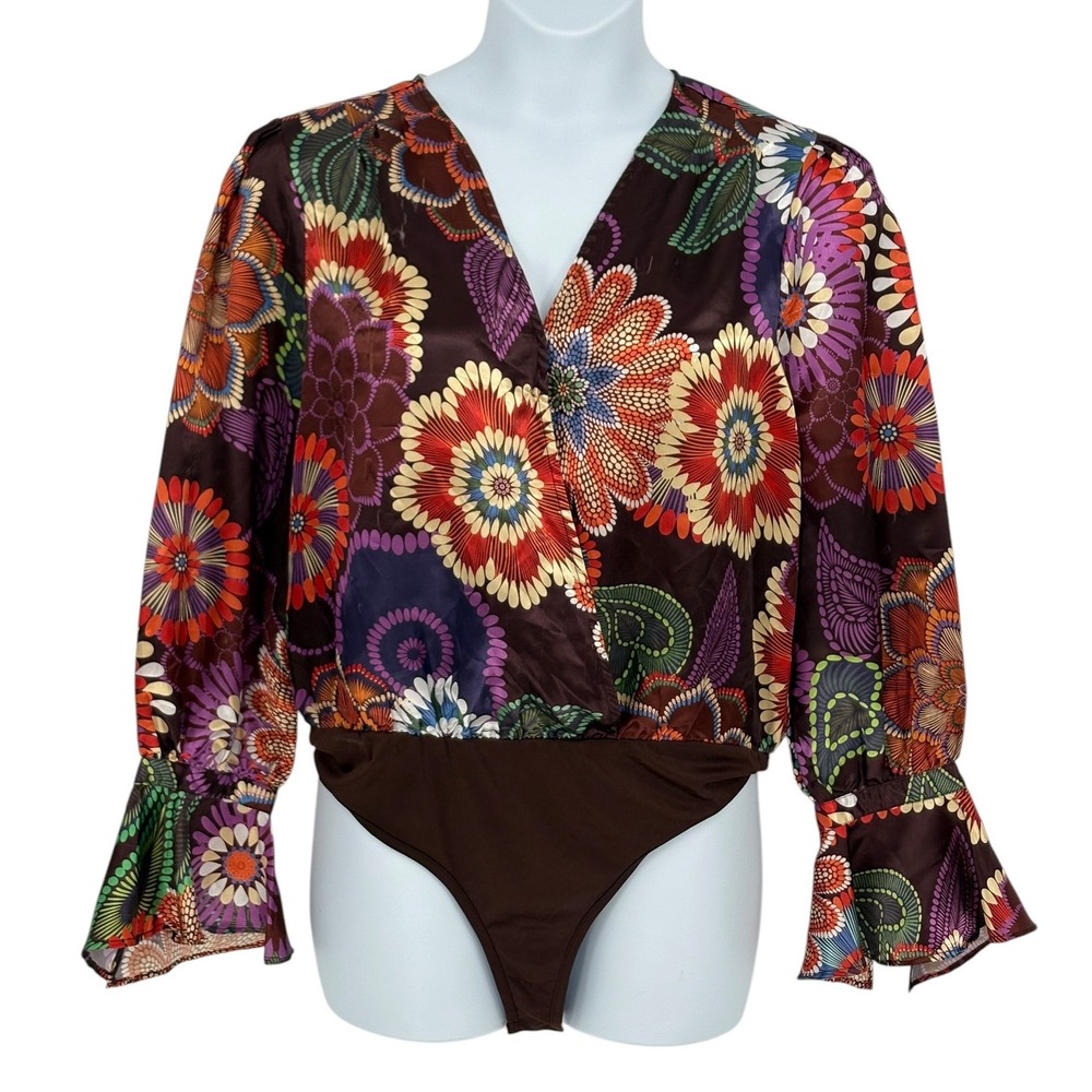 Truth NYC Bodysuit Brown Floral‎ Mandala Bell Sleeve Satin XL